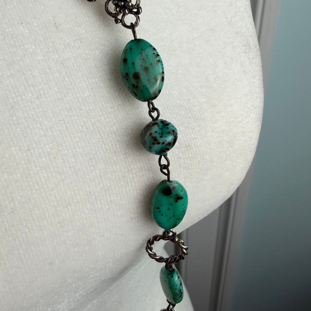 Turquoise Stone Black Leather Chain Belt Rhinestone Drop Size M/L - Picture 14 of 15